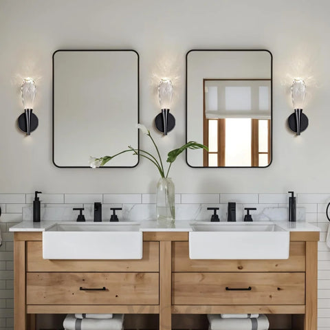 Modern bathroom vanity wall lamp in front of the mirror