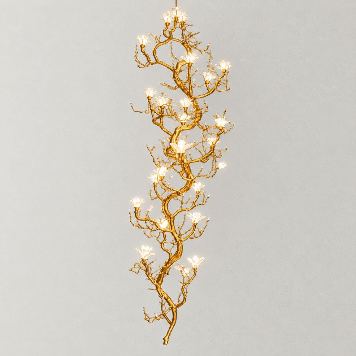 Modern Chandelier Organic Modern Gold Metal White Glass Flower 30-Light for Foyer on a light warm plaster wall