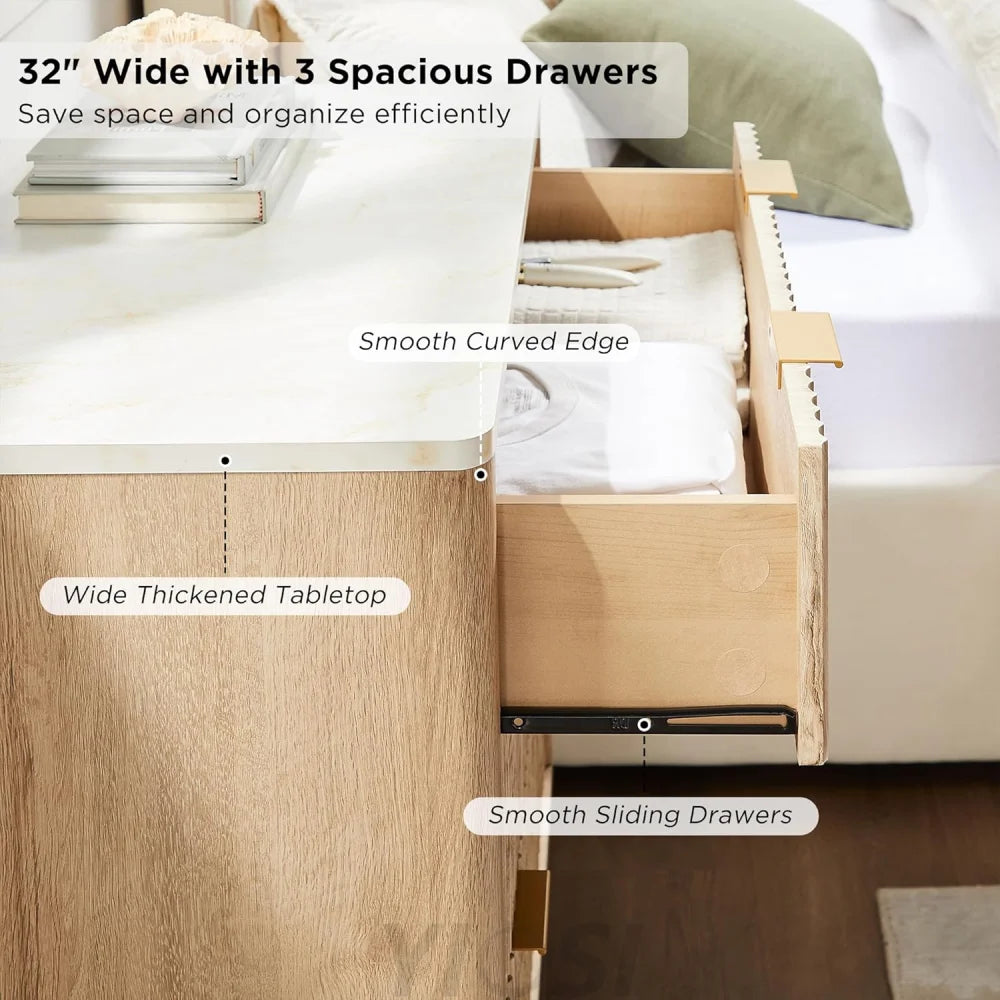 T4TREAM Fluted 3-Drawer Dresser: Modern Chest with Faux Marble Top
