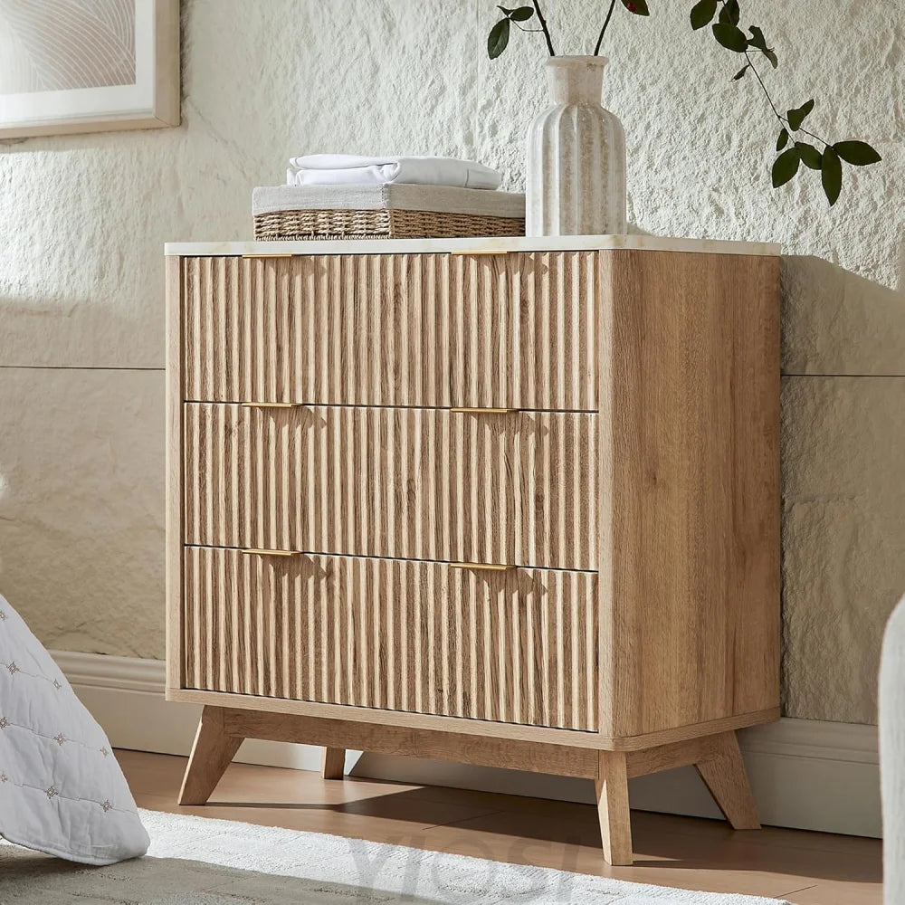 T4TREAM Fluted 3-Drawer Dresser: Modern Chest with Faux Marble Top