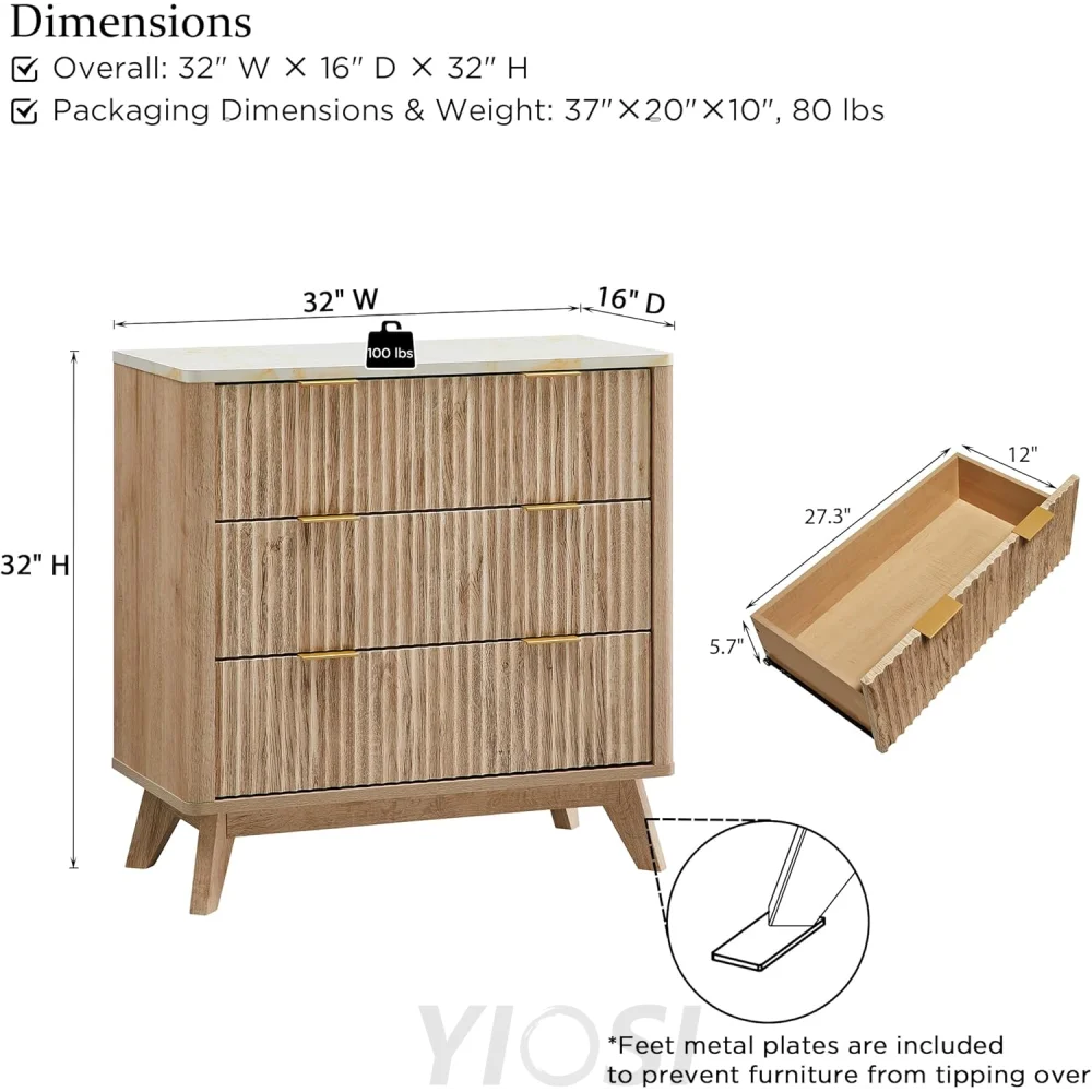T4TREAM Fluted 3-Drawer Dresser: Modern Chest with Faux Marble Top
