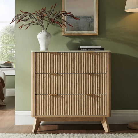 T4TREAM Fluted 3-Drawer Dresser: Modern Chest with Faux Marble Top