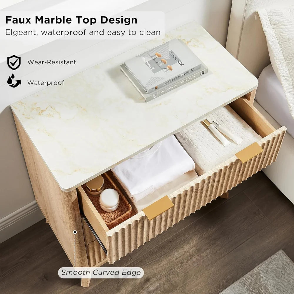 T4TREAM Fluted 3-Drawer Dresser: Modern Chest with Faux Marble Top