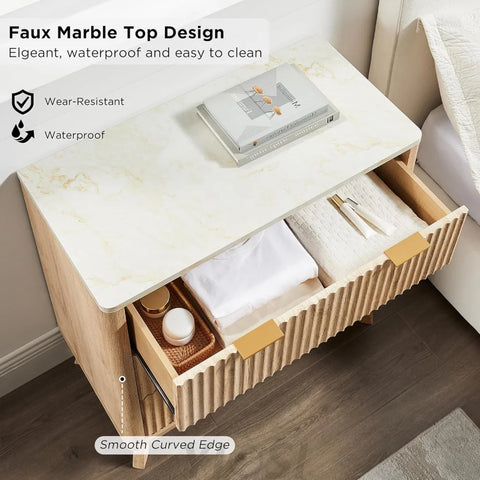 T4TREAM Fluted 3-Drawer Dresser: Modern Chest with Faux Marble Top