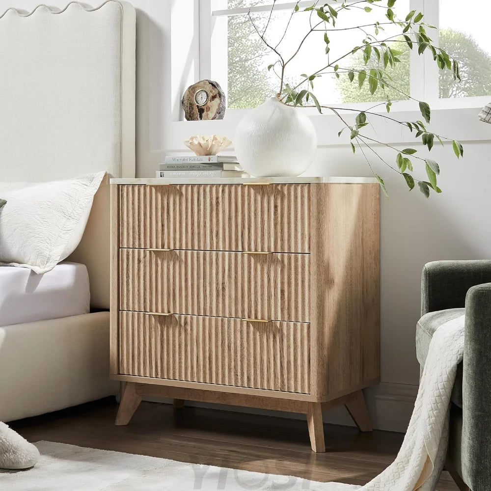 T4TREAM Fluted 3-Drawer Dresser: Modern Chest with Faux Marble Top