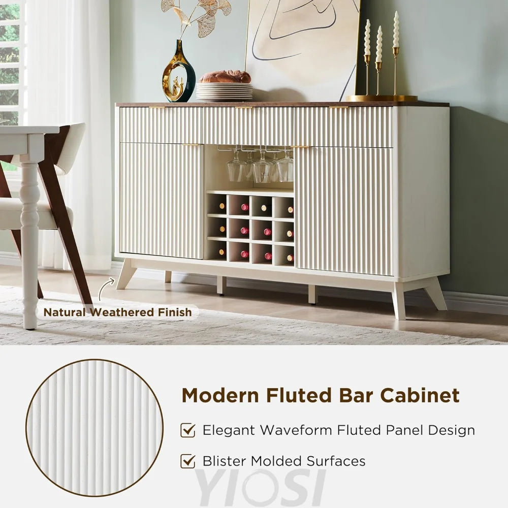 OKD Fluted Wine Bar Cabinet: 60" Modern Coffee Bar, Solid White
