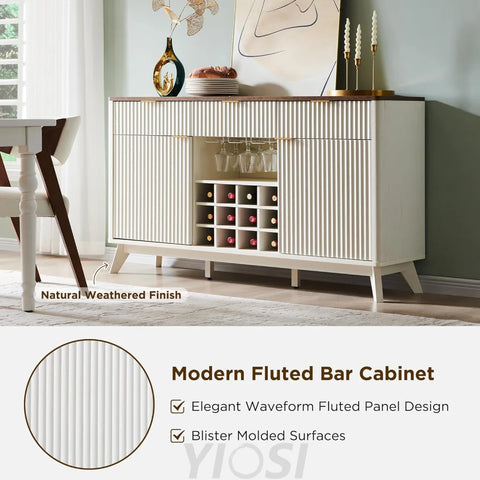 OKD Fluted Wine Bar Cabinet: 60" Modern Coffee Bar, Solid White