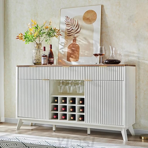 OKD Fluted Wine Bar Cabinet: 60" Modern Coffee Bar, Solid White