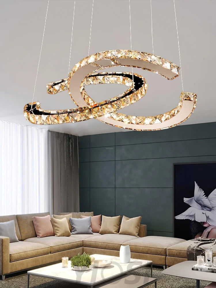 Modern Crystal with Double C Chandelier - Crystals, Straps-1-Yiosilamp