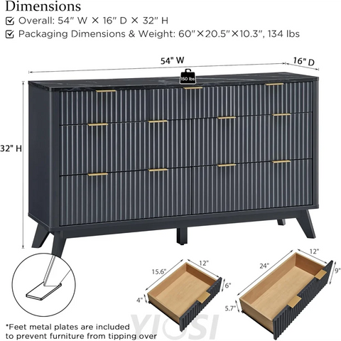 T4TREAM Fluted 7-Drawer Dresser - Modern Curved Dark Grey