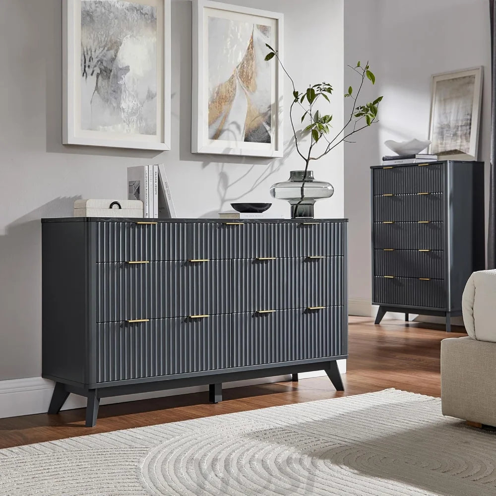 T4TREAM Fluted 7-Drawer Dresser - Modern Curved Dark Grey