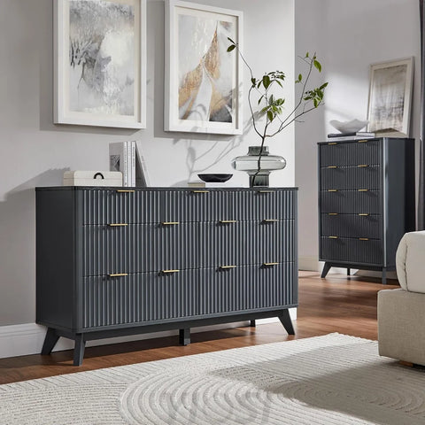 T4TREAM Fluted 7-Drawer Dresser - Modern Curved Dark Grey