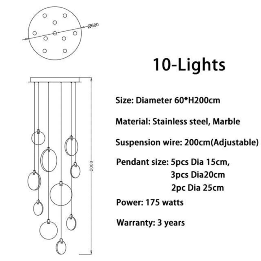 Modern Discs Marble Long Staircase Chandelier 10 Lights