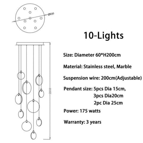 Modern Discs Marble Long Staircase Chandelier 10 Lights