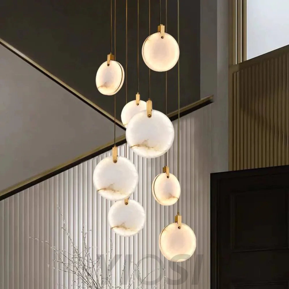 Modern Discs Marble Long Staircase Chandelier