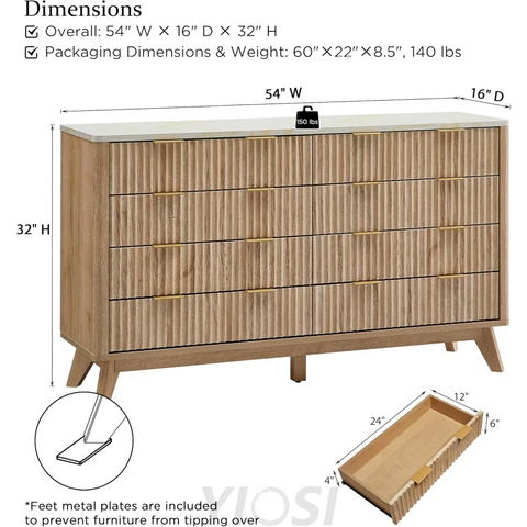 Modern Fluted 8-Drawer Dresser, Wide Chest with Faux Marble Top