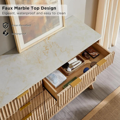 Modern Fluted 8-Drawer Dresser, Wide Chest with Faux Marble Top