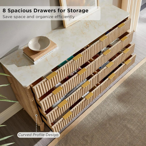 Modern Fluted 8-Drawer Dresser, Wide Chest with Faux Marble Top