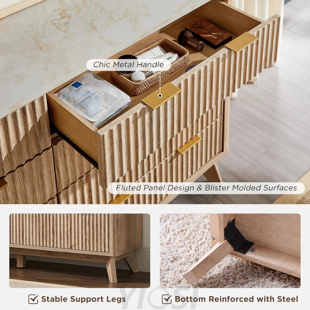 Modern Fluted 8-Drawer Dresser, Wide Chest with Faux Marble Top