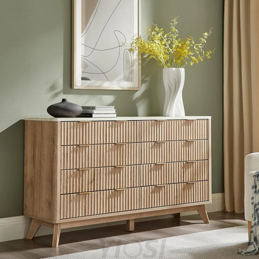 Modern Fluted 8-Drawer Dresser, Wide Chest with Faux Marble Top
