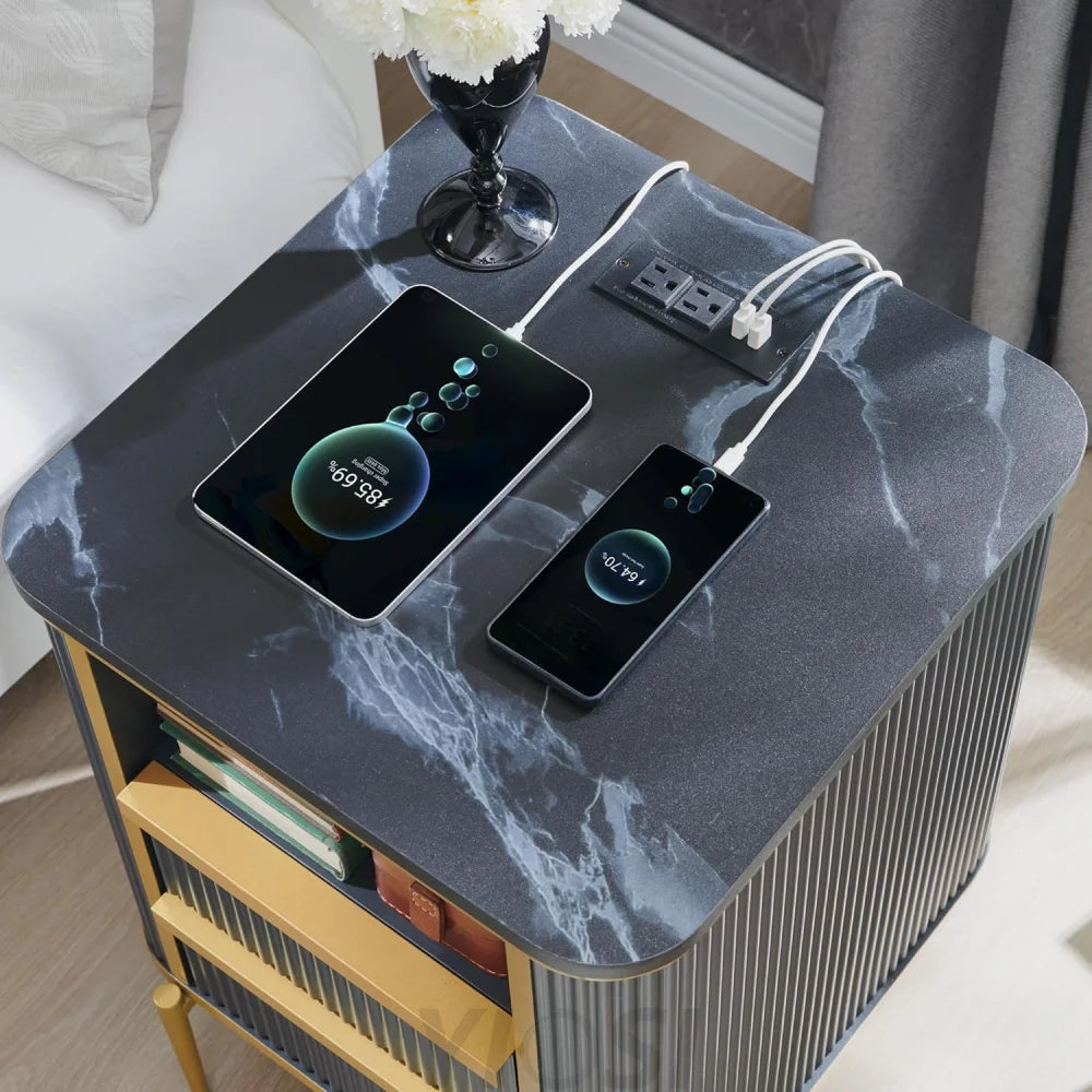 Modern Dark Grey Fluted Nightstand with Charging Station and Drawers