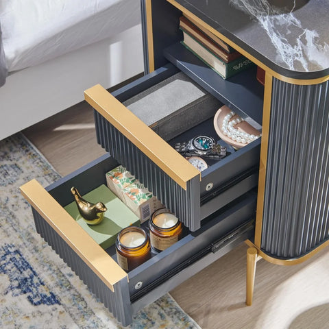 Modern Dark Grey Fluted Nightstand with Charging Station and Drawers