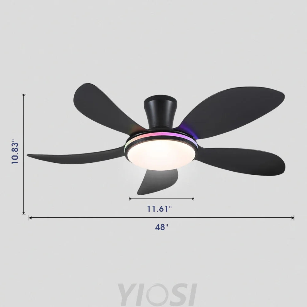 Modern LED Ceiling Fans Low Profile Ceiling Fans with Lights 6 Speeds 48’’ RGB Black Ceiling Lights