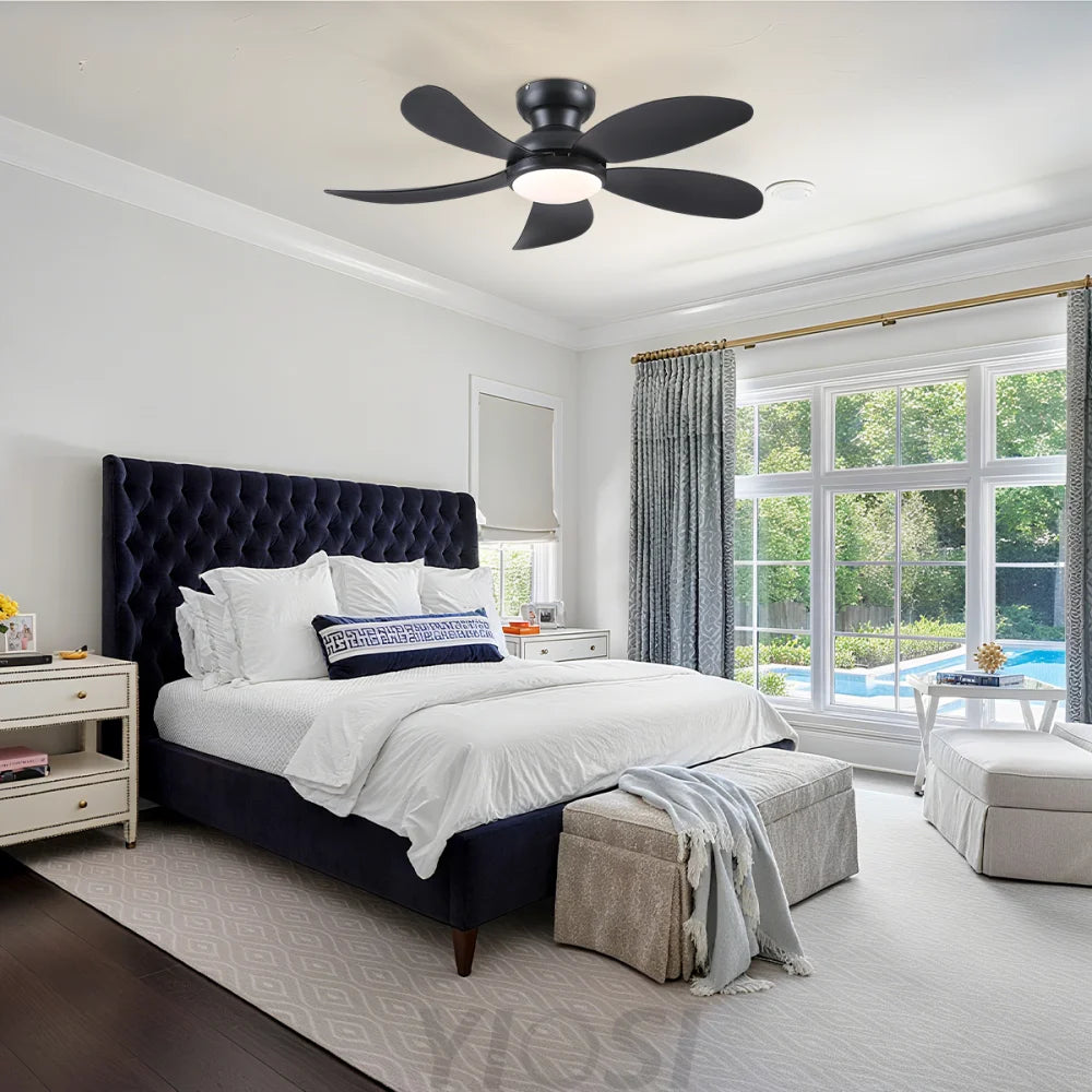 Modern Low-Profile 5-Blade Plastic Ceiling Fan with Dimmable LED and Remote Ceiling Lights
