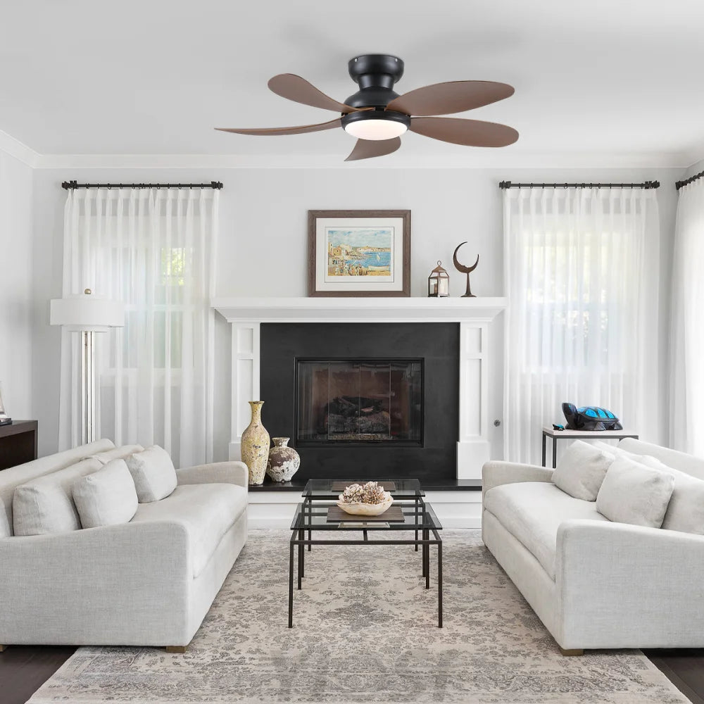 Modern Low-Profile 5-Blade Plastic Ceiling Fan with Dimmable LED and Remote Ceiling Lights