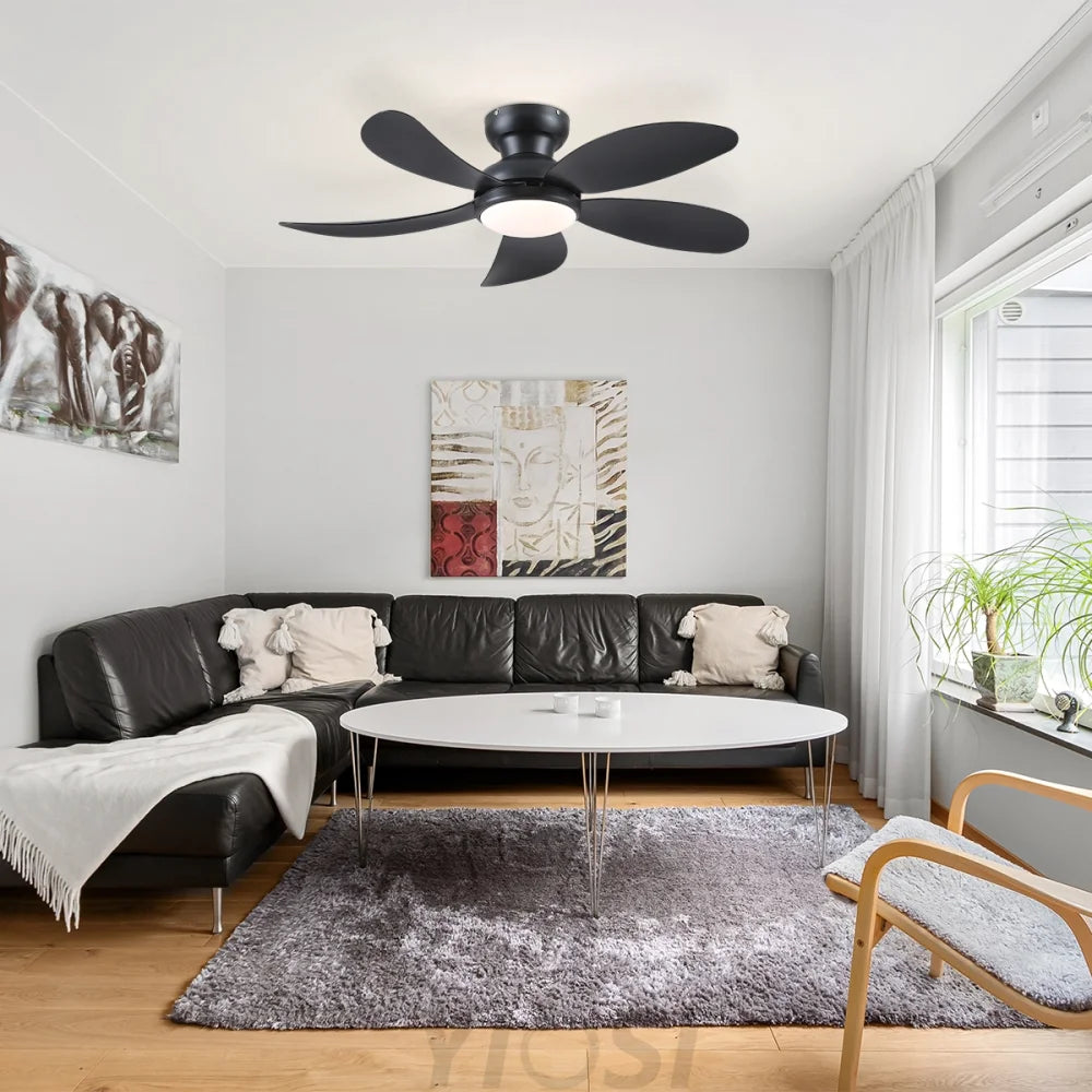 Modern Low-Profile 5-Blade Plastic Ceiling Fan with Dimmable LED and Remote Ceiling Lights