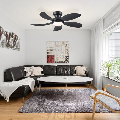 Modern Low-Profile 5-Blade Plastic Ceiling Fan with Dimmable LED and Remote Ceiling Lights