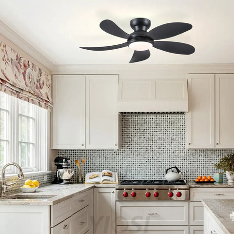 Modern Low-Profile 5-Blade Plastic Ceiling Fan with Dimmable LED and Remote Ceiling Lights