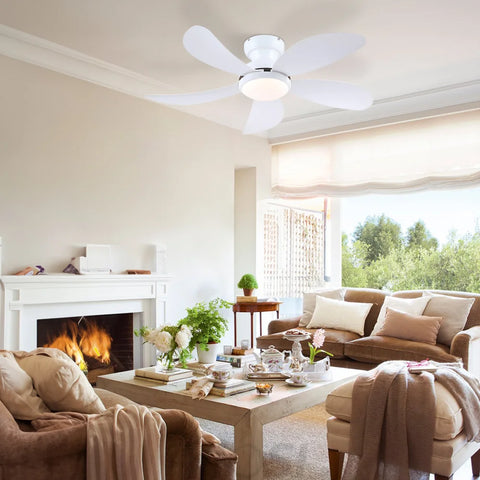Modern Low-Profile 5-Blade Plastic Ceiling Fan with Dimmable LED and Remote Ceiling Lights