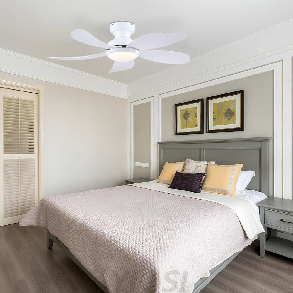 Modern Low-Profile 5-Blade Plastic Ceiling Fan with Dimmable LED and Remote Ceiling Lights