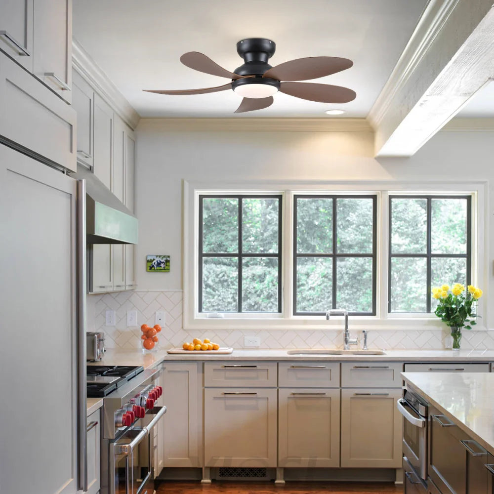 Modern Low-Profile 5-Blade Plastic Ceiling Fan with Dimmable LED and Remote Ceiling Lights