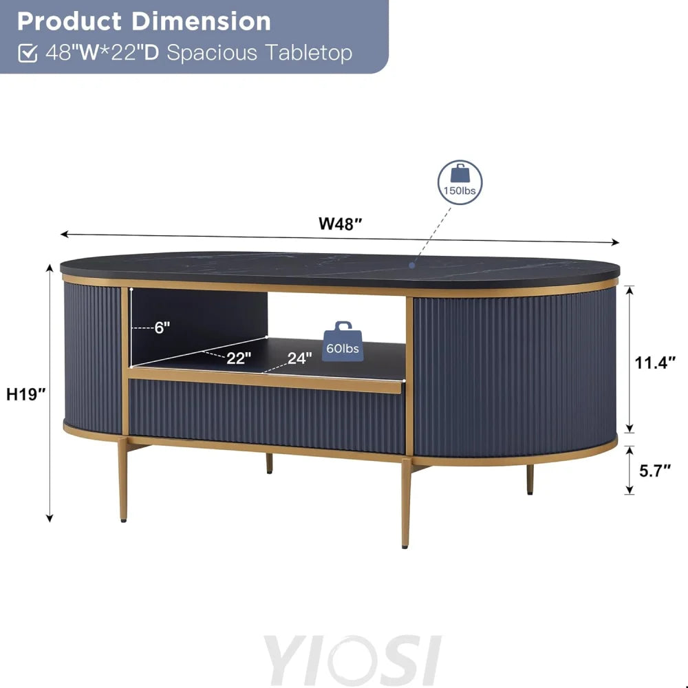 OKD Modern Oval Coffee Table 48 Inch with Drawer Navy Blue