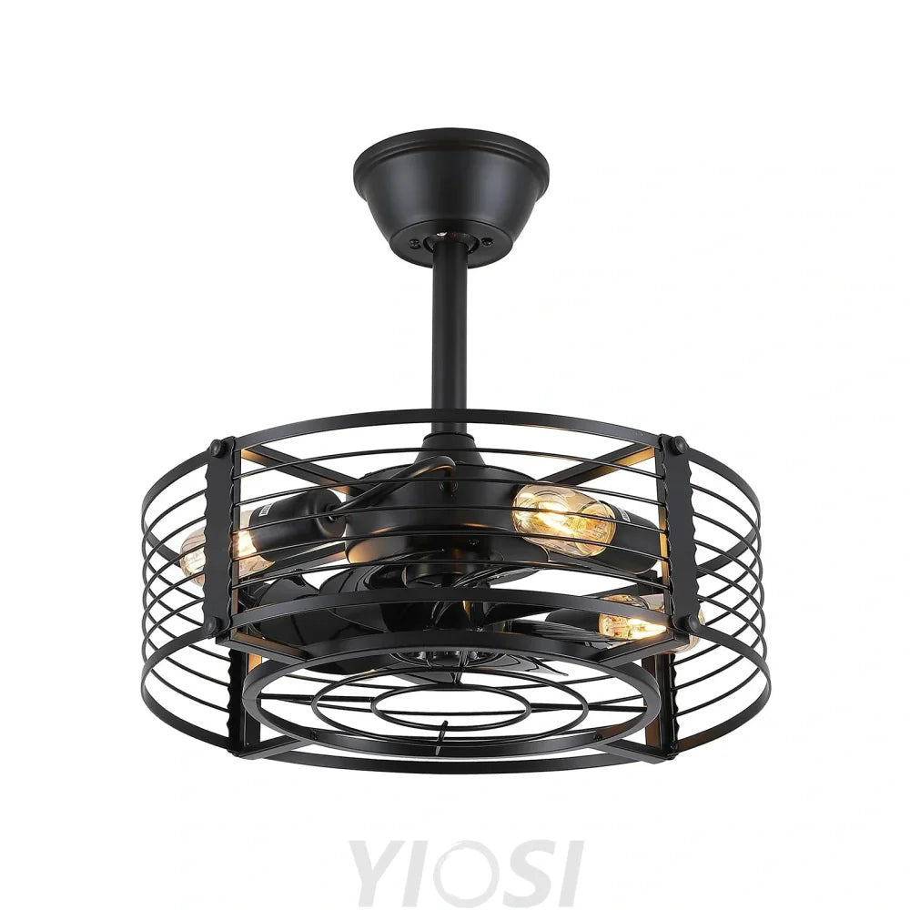 Modern Round Black Caged Ceiling Fan with Remote Control ceiling light