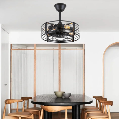 Modern Round Black Caged Ceiling Fan with Remote Control ceiling light