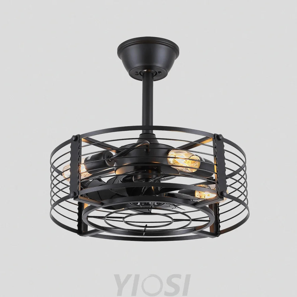 Modern Round Black Caged Ceiling Fan with Remote Control ceiling light