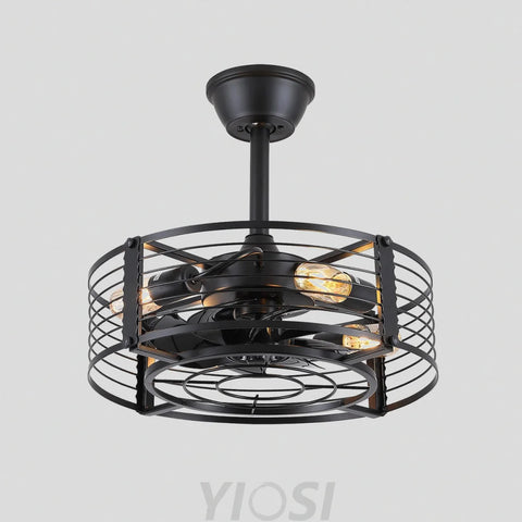Modern Round Black Caged Ceiling Fan with Remote Control ceiling light