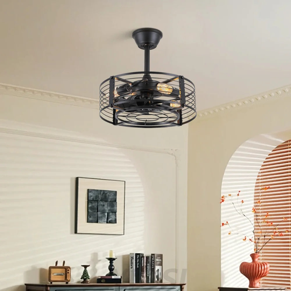 Modern Round Black Caged Ceiling Fan with Remote Control ceiling light
