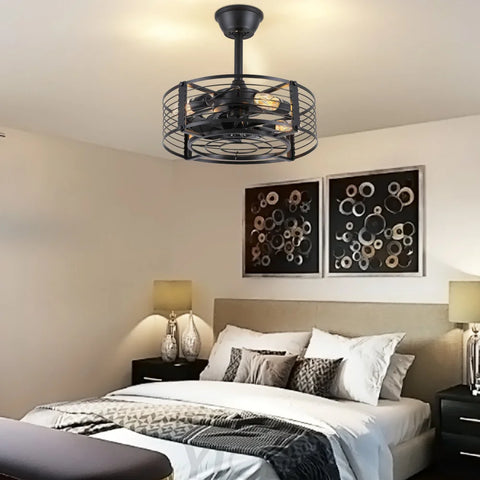 Modern Round Black Caged Ceiling Fan with Remote Control ceiling light