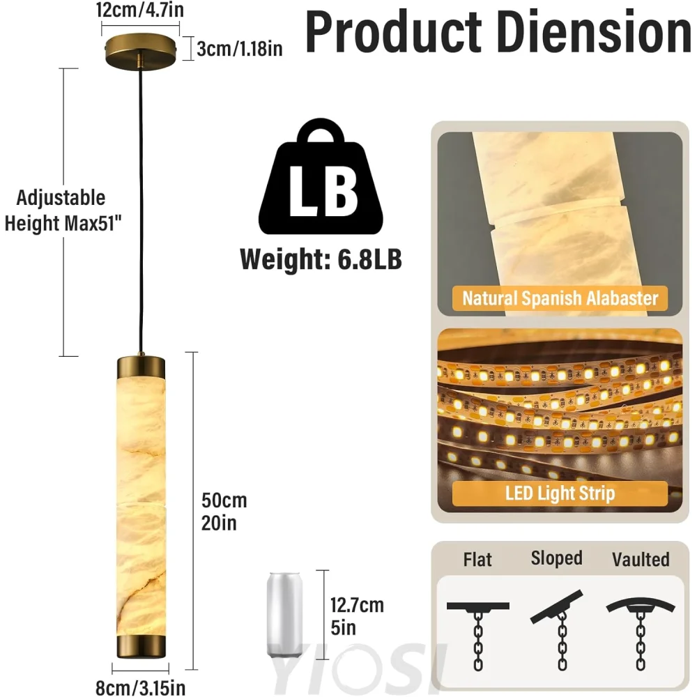Modern Spanish Alabaster Pendant Light – Long Single Head Design