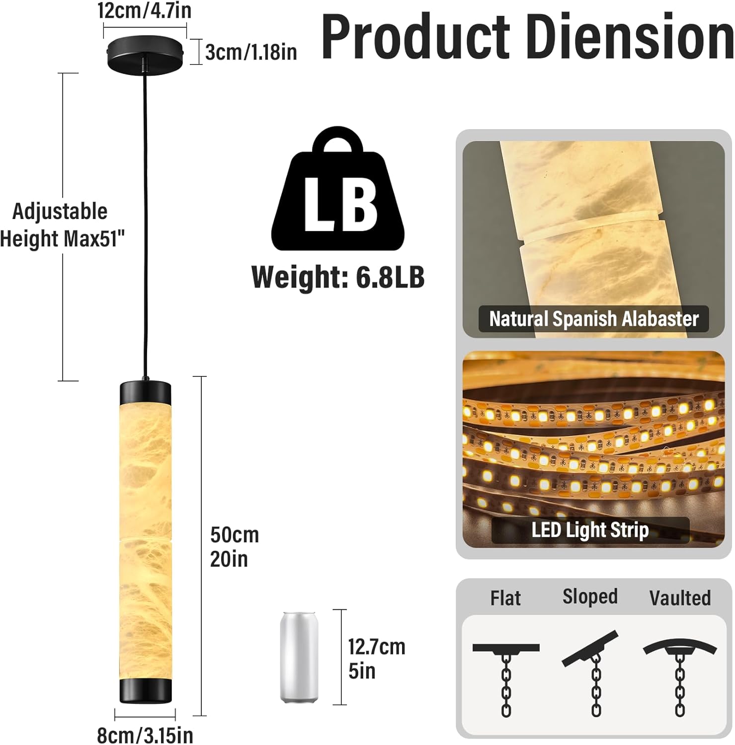Modern Spanish Alabaster Pendant Light – Long Single Head Design