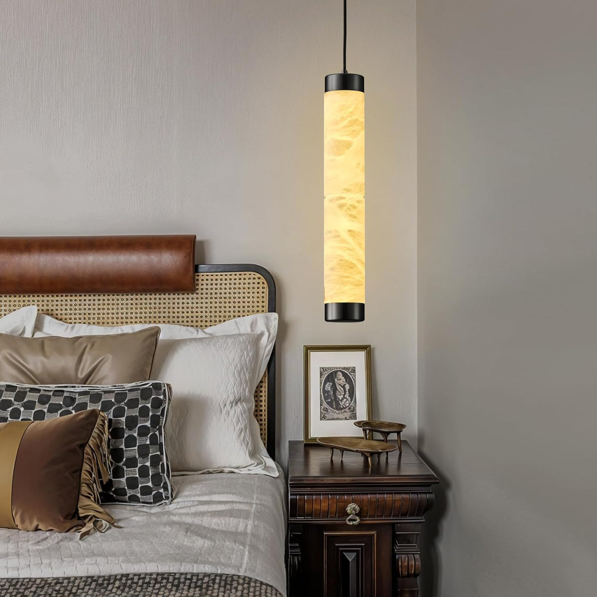 Modern Spanish Alabaster Pendant Light – Long Single Head Design