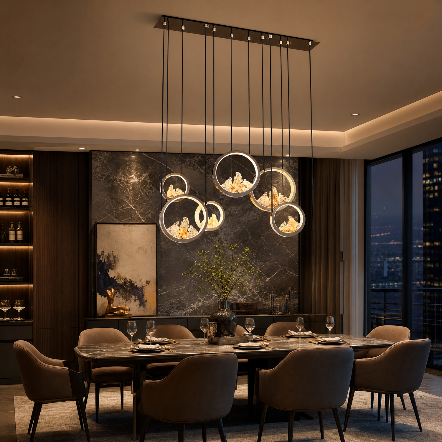 Moonlit Realm Modern Linear Dining Pendant Light - scene