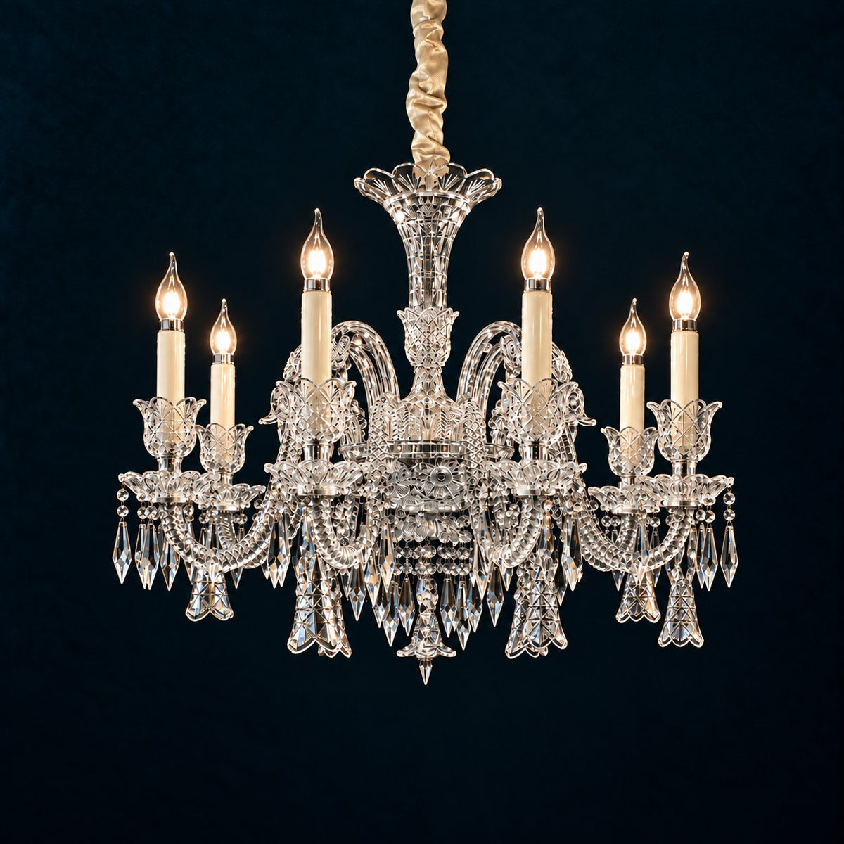 Morvane Chrome Candle Crystal 8-Light Chandelier 28" on a deep teal-blue wall