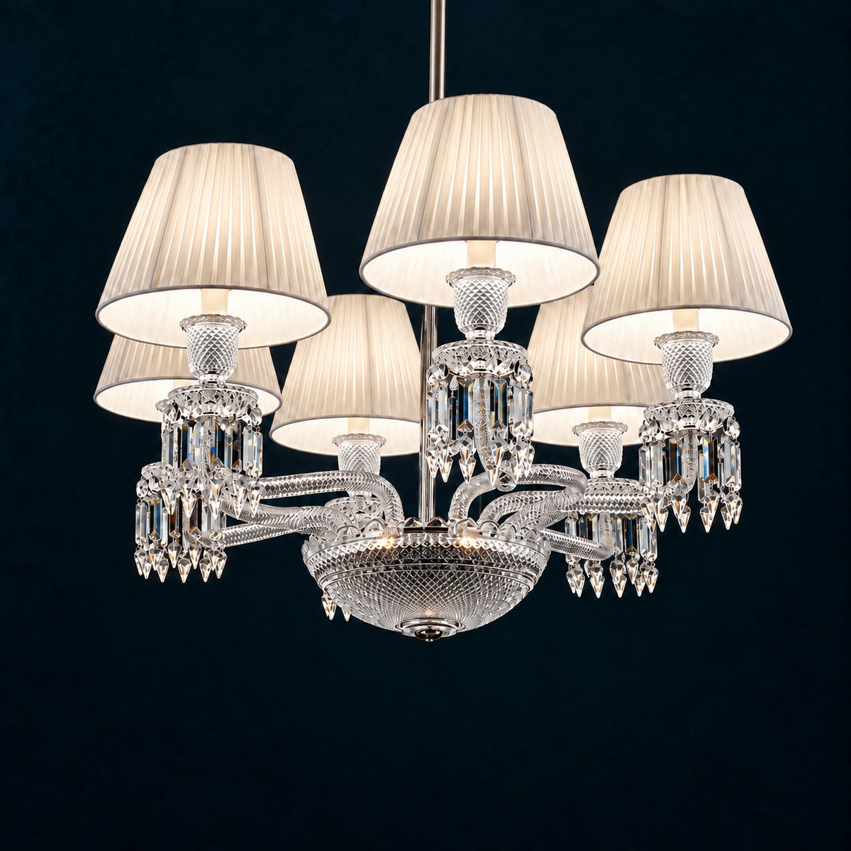 Ombria White Pleated Crystal 6-Light Chandelier 28.3" on a deep teal-blue wall