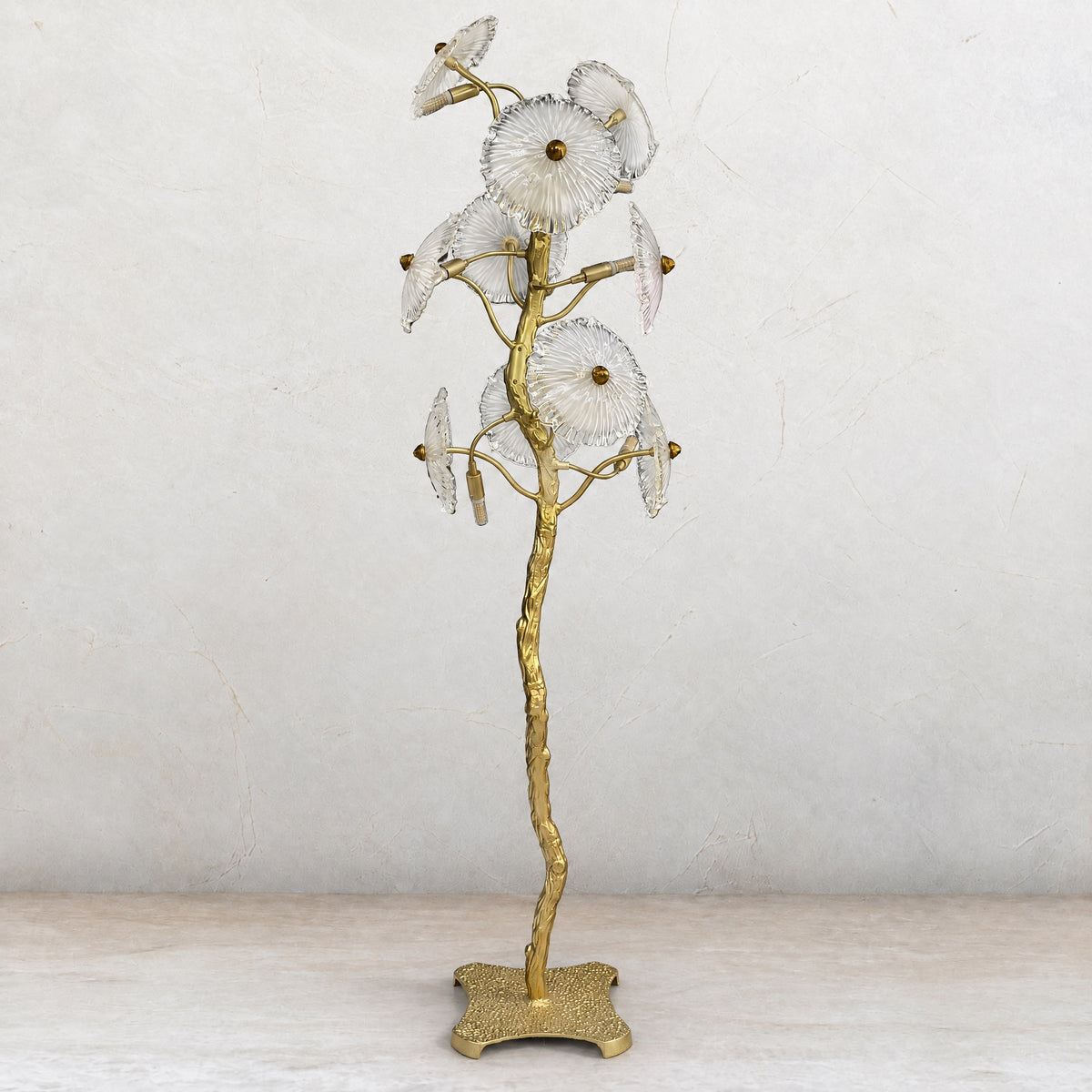 Organic Branch Brass Floor Lamp with Fluted Glass Petal Shades – lights off