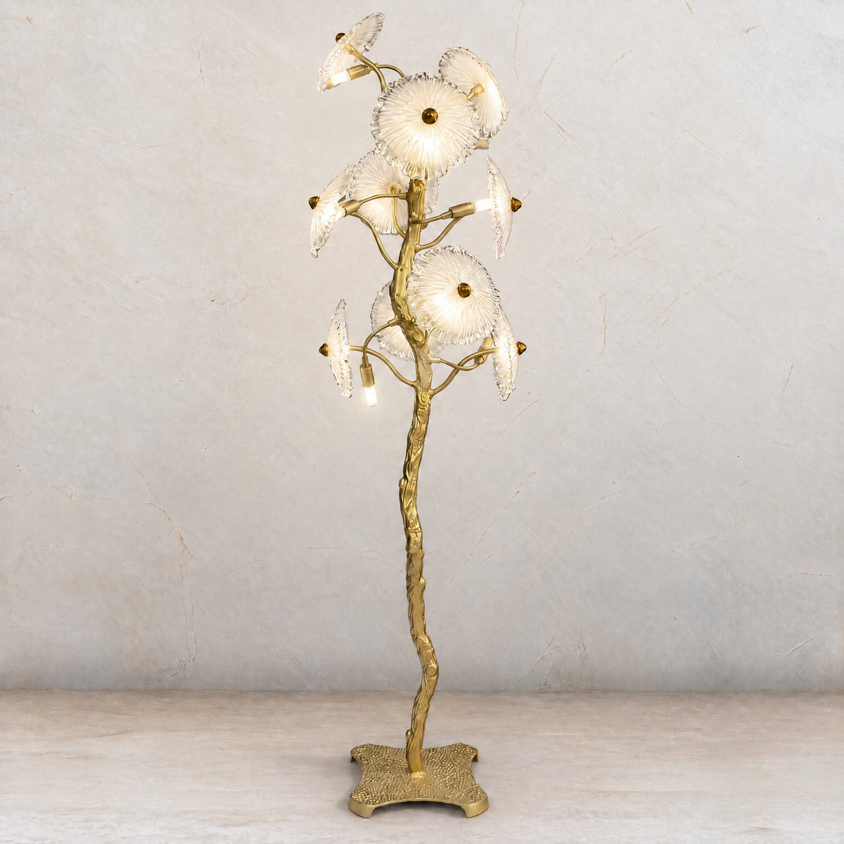 Organic Branch Brass Floor Lamp with Fluted Glass Petal Shades